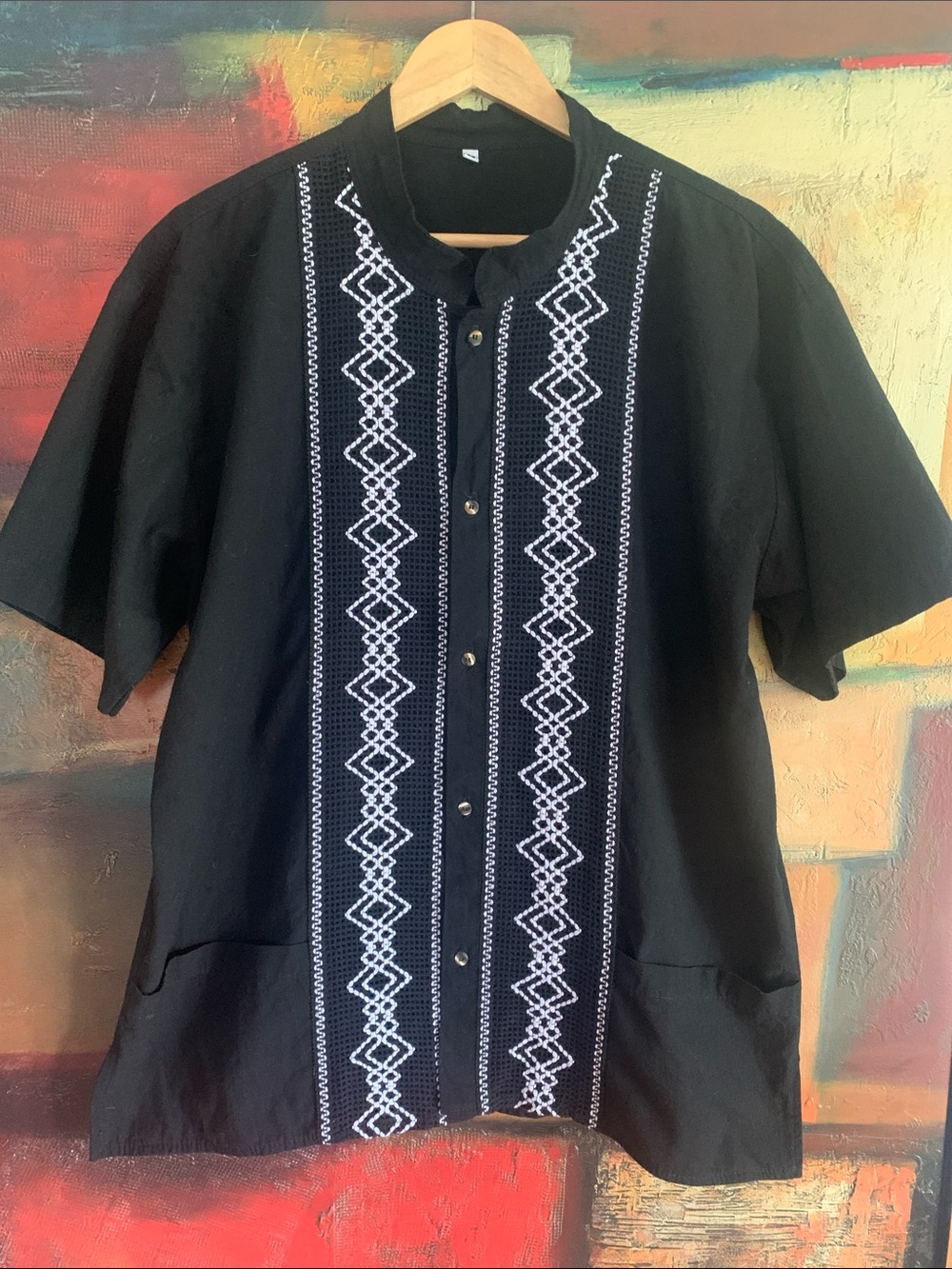 Mexican Guayabera Embroidered Short Sleeve Cotton Shirt with Pockets, Sz XL